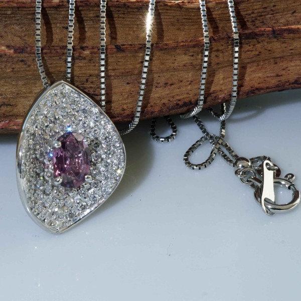 Saphir Brillant Anhänger m. Kette in 900/850er Platin 1 ct 0.67 ct Purpur Violett